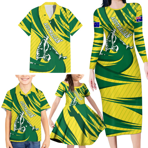 Australian Opals Basketball Family Matching Long Sleeve Bodycon Dress and Hawaiian Shirt Green and Gold Tribal Pattern Athletic Abstract Art