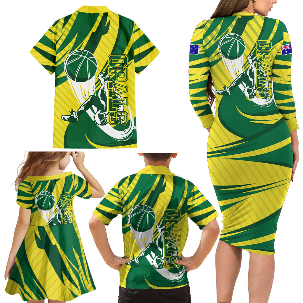 Australian Opals Basketball Family Matching Long Sleeve Bodycon Dress and Hawaiian Shirt Green and Gold Tribal Pattern Athletic Abstract Art