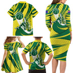 Australian Opals Basketball Family Matching Long Sleeve Bodycon Dress and Hawaiian Shirt Green and Gold Tribal Pattern Athletic Abstract Art