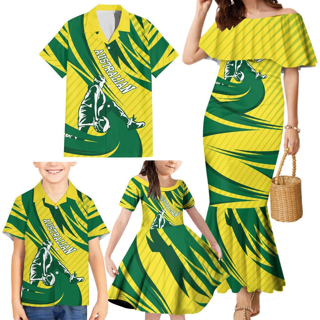 Australian Opals Basketball Family Matching Mermaid Dress and Hawaiian Shirt Green and Gold Tribal Pattern Athletic Abstract Art