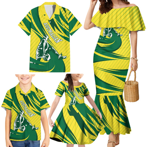 Australian Opals Basketball Family Matching Mermaid Dress and Hawaiian Shirt Green and Gold Tribal Pattern Athletic Abstract Art