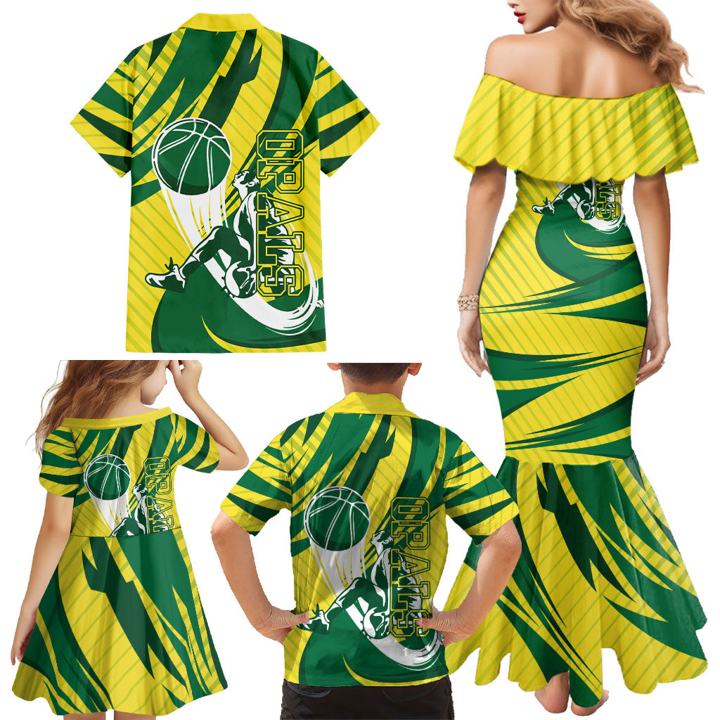 Australian Opals Basketball Family Matching Mermaid Dress and Hawaiian Shirt Green and Gold Tribal Pattern Athletic Abstract Art