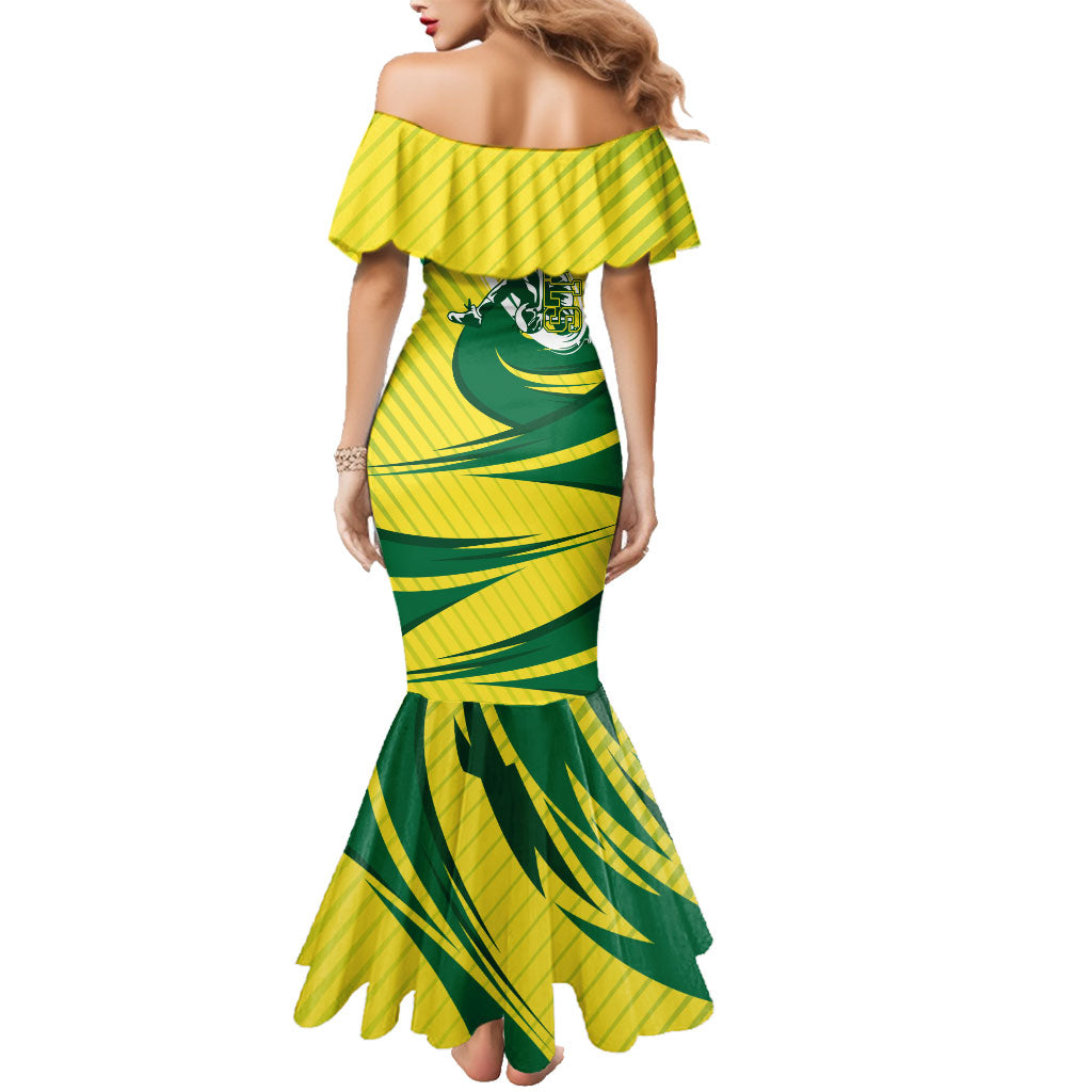 Australian Opals Basketball Family Matching Mermaid Dress and Hawaiian Shirt Green and Gold Tribal Pattern Athletic Abstract Art