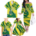 Australian Opals Basketball Family Matching Off The Shoulder Long Sleeve Dress and Hawaiian Shirt Green and Gold Tribal Pattern Athletic Abstract Art