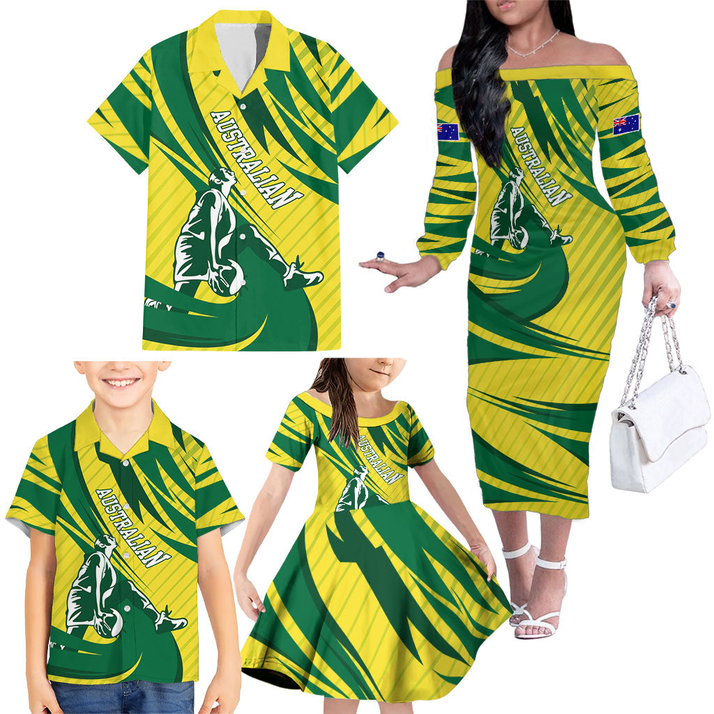 Australian Opals Basketball Family Matching Off The Shoulder Long Sleeve Dress and Hawaiian Shirt Green and Gold Tribal Pattern Athletic Abstract Art
