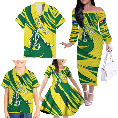 Australian Opals Basketball Family Matching Off The Shoulder Long Sleeve Dress and Hawaiian Shirt Green and Gold Tribal Pattern Athletic Abstract Art