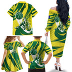 Australian Opals Basketball Family Matching Off The Shoulder Long Sleeve Dress and Hawaiian Shirt Green and Gold Tribal Pattern Athletic Abstract Art