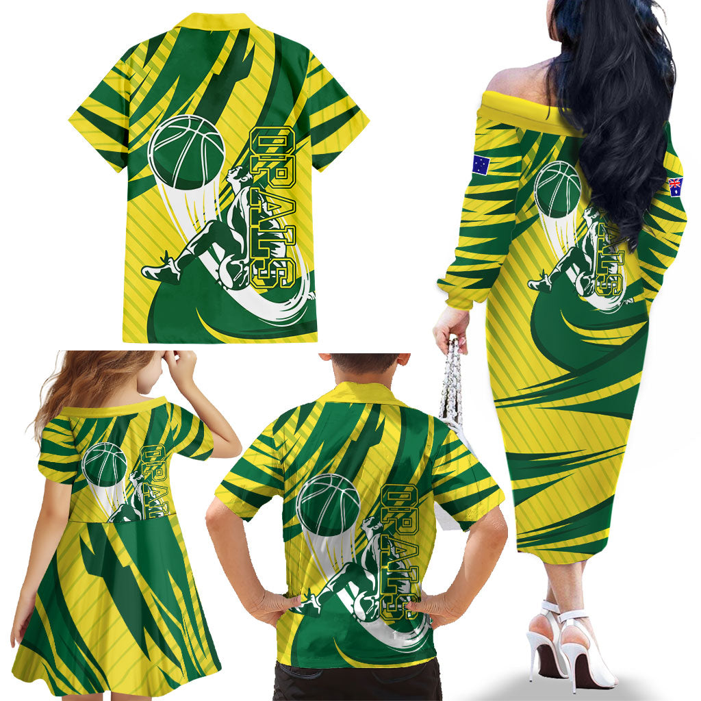 Australian Opals Basketball Family Matching Off The Shoulder Long Sleeve Dress and Hawaiian Shirt Green and Gold Tribal Pattern Athletic Abstract Art