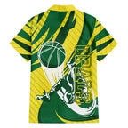 Australian Opals Basketball Family Matching Off The Shoulder Long Sleeve Dress and Hawaiian Shirt Green and Gold Tribal Pattern Athletic Abstract Art