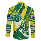 Australian Opals Basketball Family Matching Off The Shoulder Long Sleeve Dress and Hawaiian Shirt Green and Gold Tribal Pattern Athletic Abstract Art