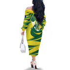 Australian Opals Basketball Family Matching Off The Shoulder Long Sleeve Dress and Hawaiian Shirt Green and Gold Tribal Pattern Athletic Abstract Art