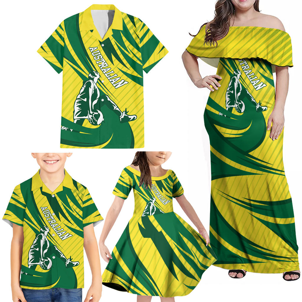 Australian Opals Basketball Family Matching Off Shoulder Maxi Dress and Hawaiian Shirt Green and Gold Tribal Pattern Athletic Abstract Art