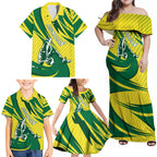 Australian Opals Basketball Family Matching Off Shoulder Maxi Dress and Hawaiian Shirt Green and Gold Tribal Pattern Athletic Abstract Art