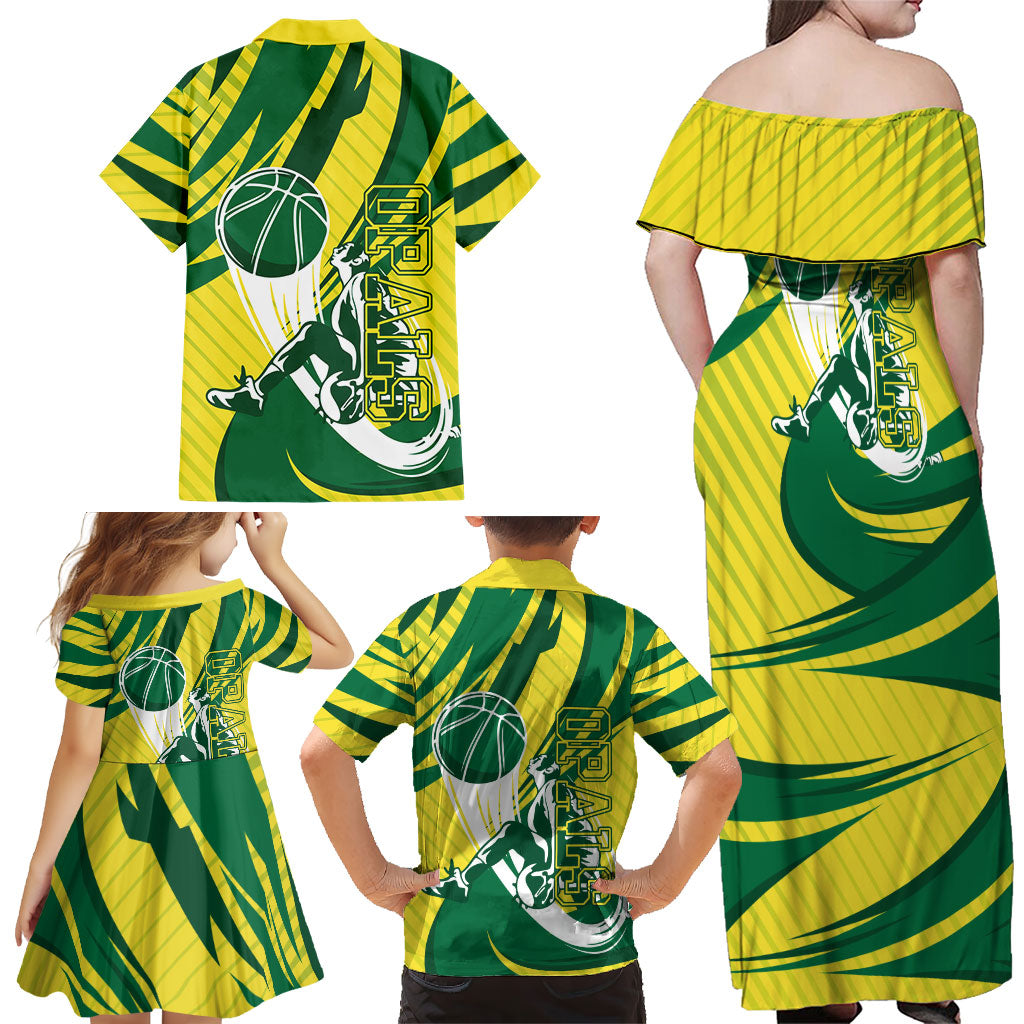 Australian Opals Basketball Family Matching Off Shoulder Maxi Dress and Hawaiian Shirt Green and Gold Tribal Pattern Athletic Abstract Art