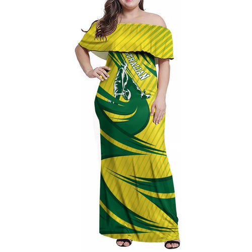 Australian Opals Basketball Family Matching Off Shoulder Maxi Dress and Hawaiian Shirt Green and Gold Tribal Pattern Athletic Abstract Art