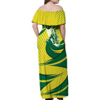 Australian Opals Basketball Family Matching Off Shoulder Maxi Dress and Hawaiian Shirt Green and Gold Tribal Pattern Athletic Abstract Art