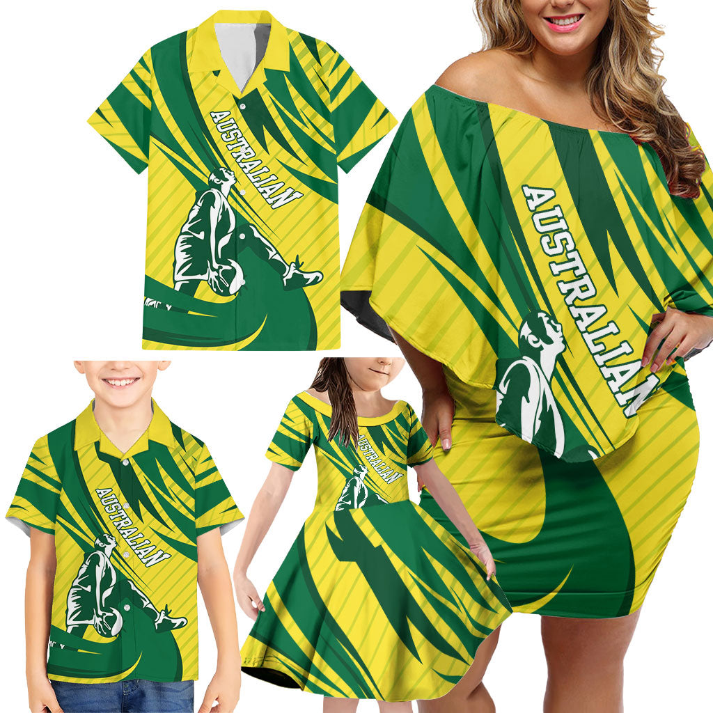 Australian Opals Basketball Family Matching Off Shoulder Short Dress and Hawaiian Shirt Green and Gold Tribal Pattern Athletic Abstract Art