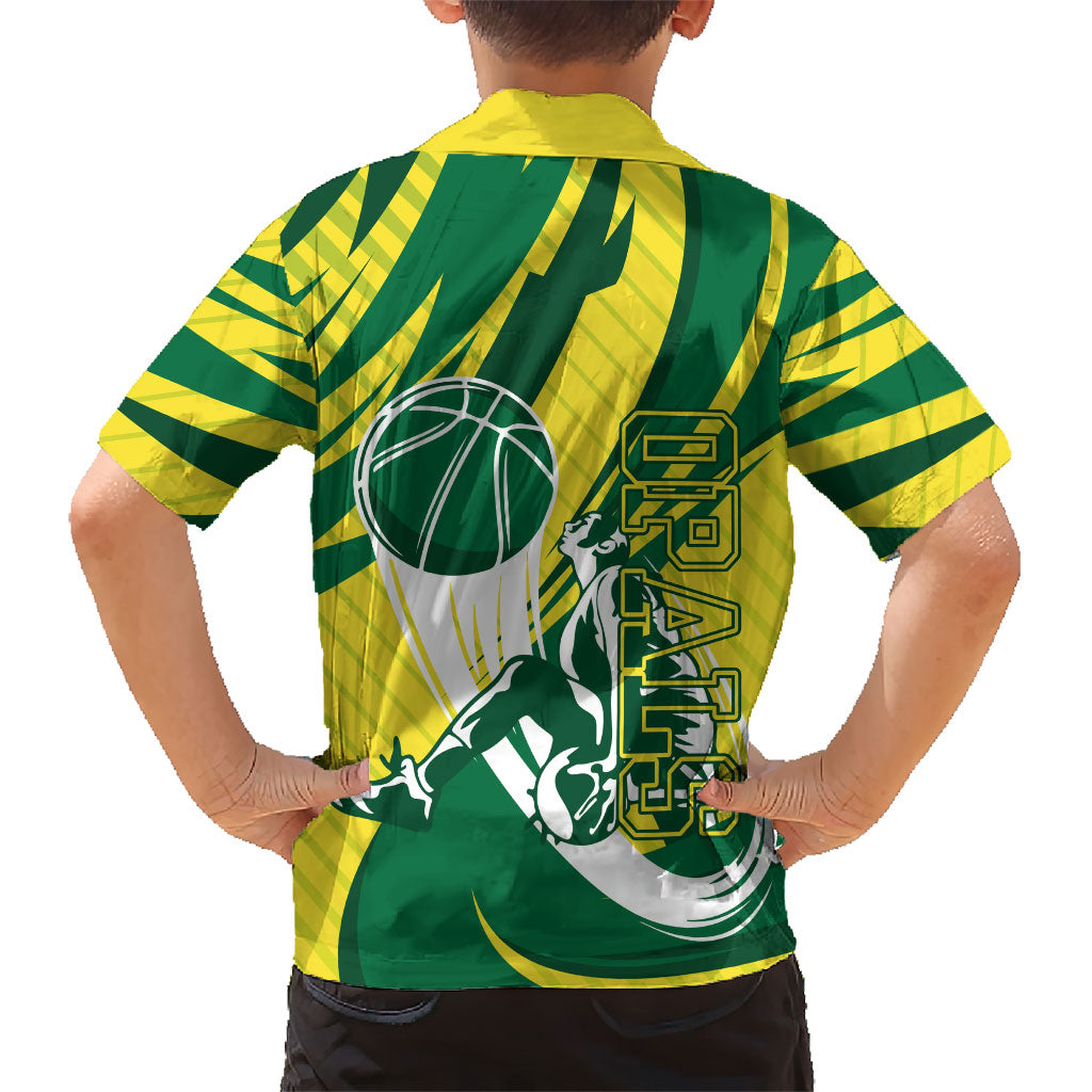 Australian Opals Basketball Family Matching Off Shoulder Short Dress and Hawaiian Shirt Green and Gold Tribal Pattern Athletic Abstract Art