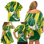 Australian Opals Basketball Family Matching Off Shoulder Short Dress and Hawaiian Shirt Green and Gold Tribal Pattern Athletic Abstract Art