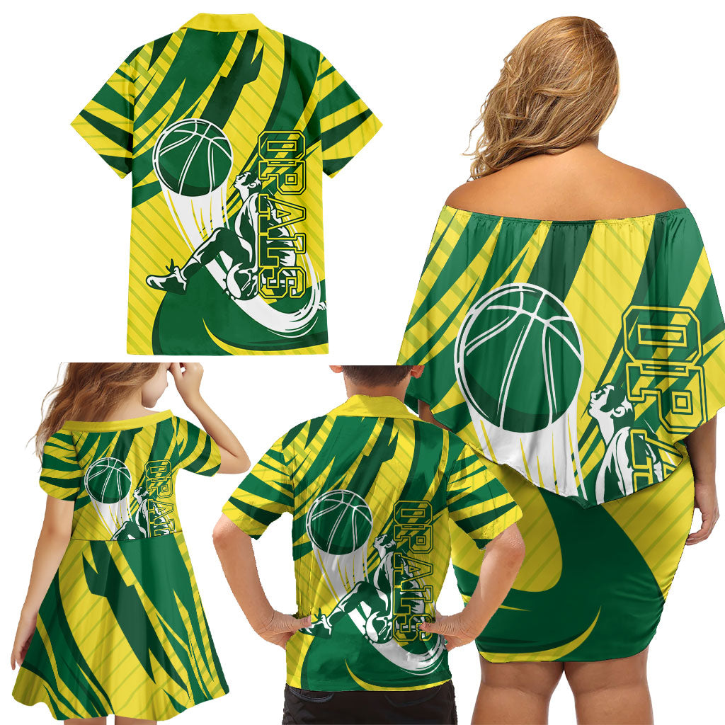 Australian Opals Basketball Family Matching Off Shoulder Short Dress and Hawaiian Shirt Green and Gold Tribal Pattern Athletic Abstract Art