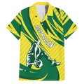 Australian Opals Basketball Family Matching Off Shoulder Short Dress and Hawaiian Shirt Green and Gold Tribal Pattern Athletic Abstract Art