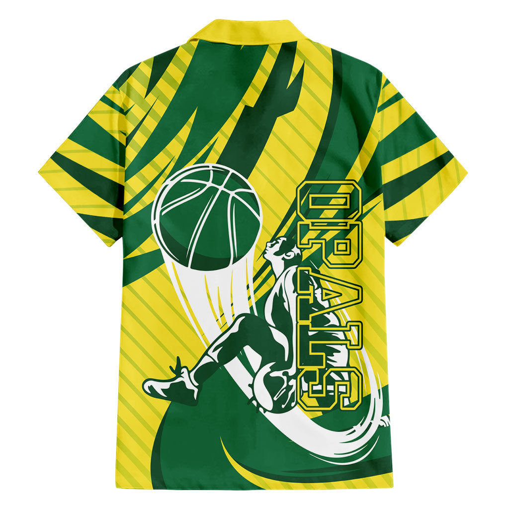 Australian Opals Basketball Family Matching Off Shoulder Short Dress and Hawaiian Shirt Green and Gold Tribal Pattern Athletic Abstract Art