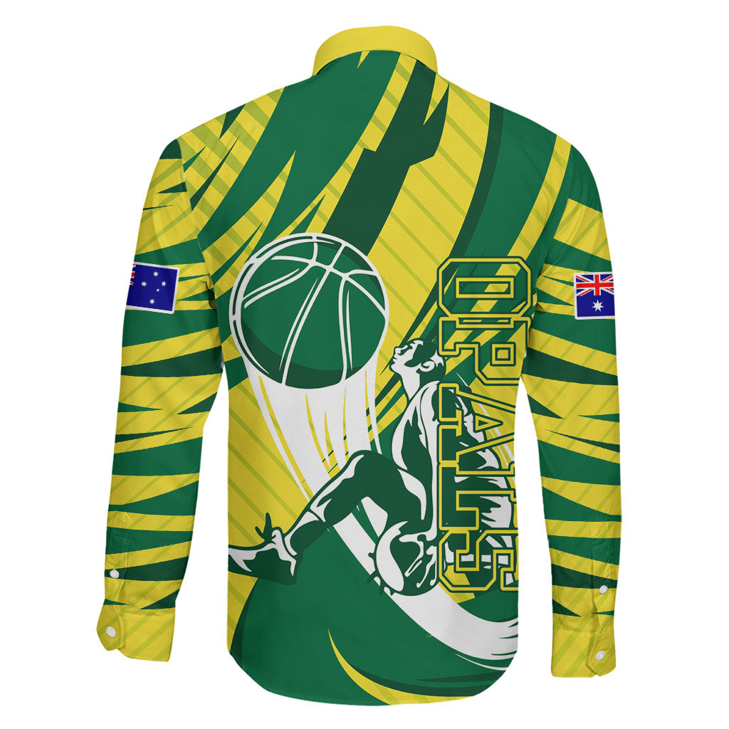 Australian Opals Basketball Family Matching Off Shoulder Short Dress and Hawaiian Shirt Green and Gold Tribal Pattern Athletic Abstract Art