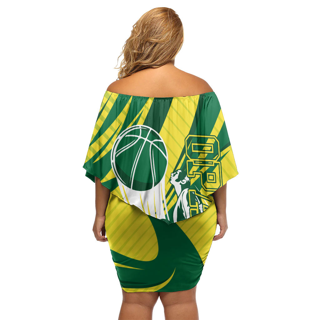 Australian Opals Basketball Family Matching Off Shoulder Short Dress and Hawaiian Shirt Green and Gold Tribal Pattern Athletic Abstract Art