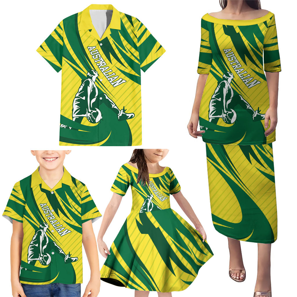Australian Opals Basketball Family Matching Puletasi and Hawaiian Shirt Green and Gold Tribal Pattern Athletic Abstract Art