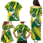 Australian Opals Basketball Family Matching Puletasi and Hawaiian Shirt Green and Gold Tribal Pattern Athletic Abstract Art