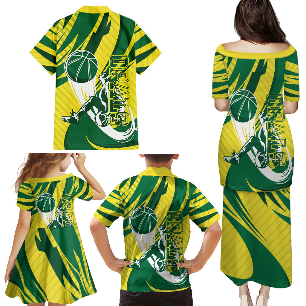 Australian Opals Basketball Family Matching Puletasi and Hawaiian Shirt Green and Gold Tribal Pattern Athletic Abstract Art