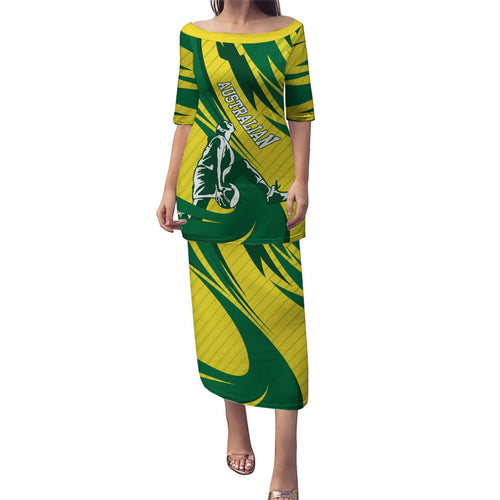 Australian Opals Basketball Family Matching Puletasi and Hawaiian Shirt Green and Gold Tribal Pattern Athletic Abstract Art