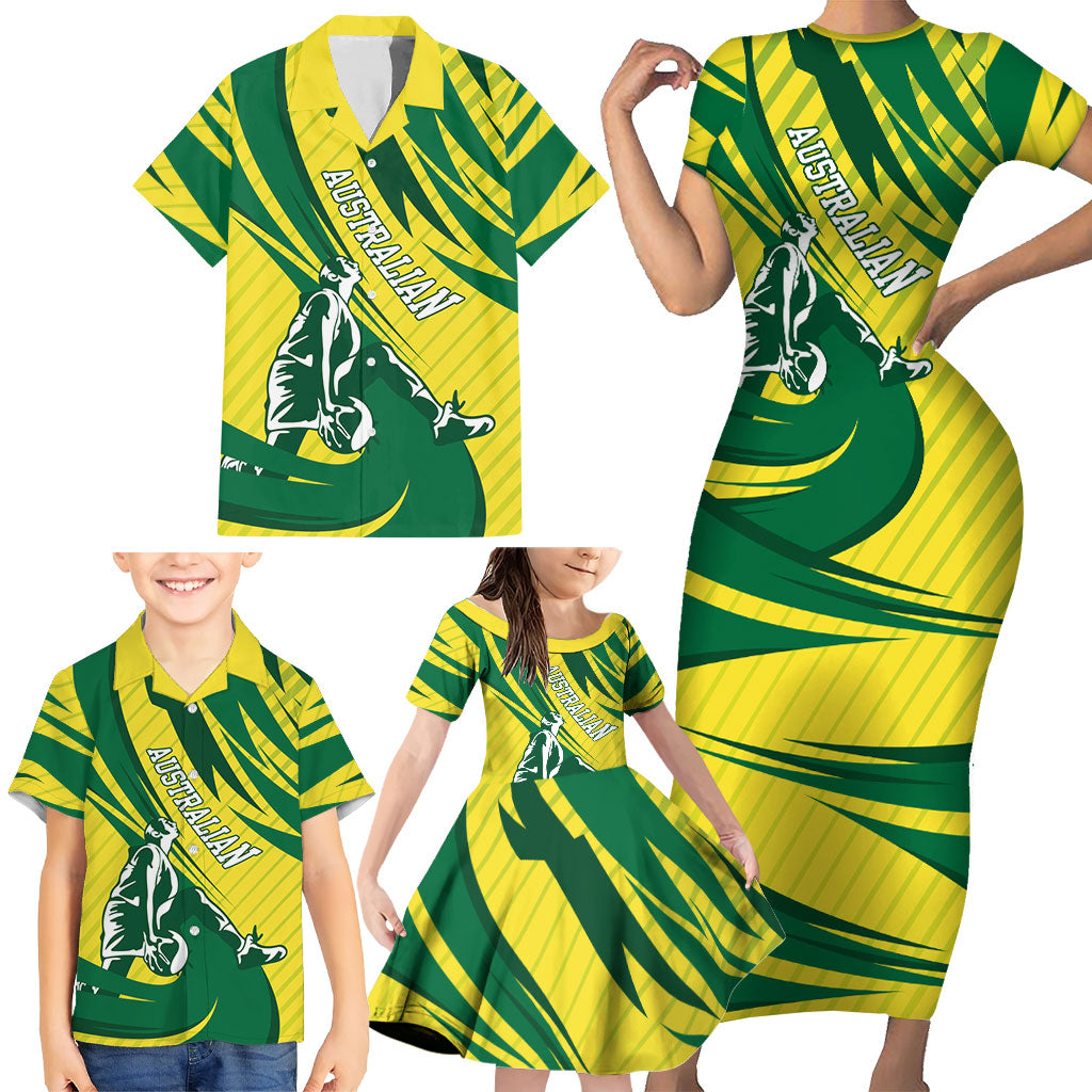 Australian Opals Basketball Family Matching Short Sleeve Bodycon Dress and Hawaiian Shirt Green and Gold Tribal Pattern Athletic Abstract Art
