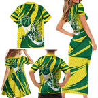 Australian Opals Basketball Family Matching Short Sleeve Bodycon Dress and Hawaiian Shirt Green and Gold Tribal Pattern Athletic Abstract Art