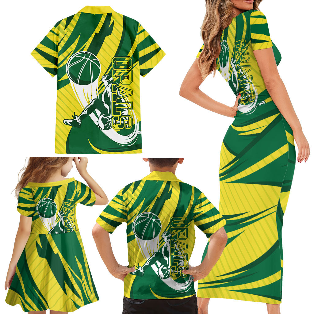 Australian Opals Basketball Family Matching Short Sleeve Bodycon Dress and Hawaiian Shirt Green and Gold Tribal Pattern Athletic Abstract Art
