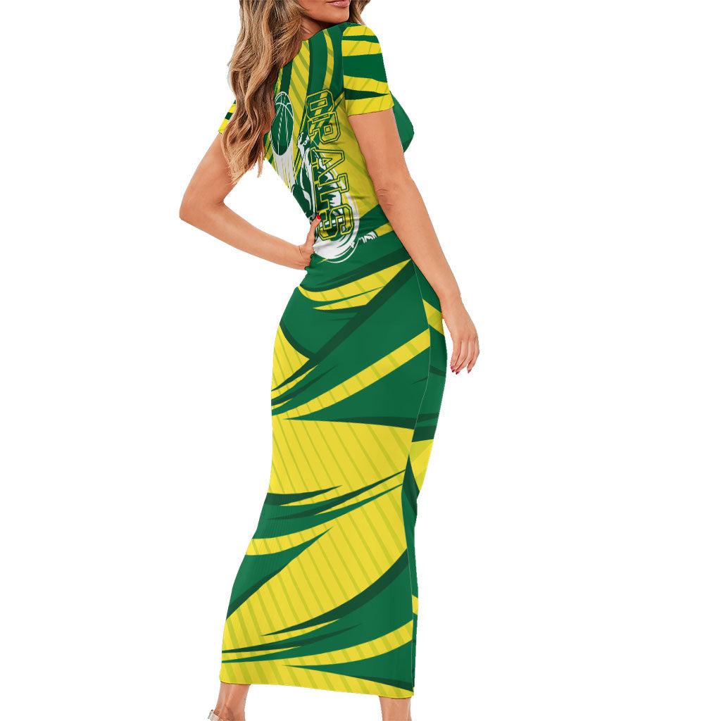 Australian Opals Basketball Family Matching Short Sleeve Bodycon Dress and Hawaiian Shirt Green and Gold Tribal Pattern Athletic Abstract Art