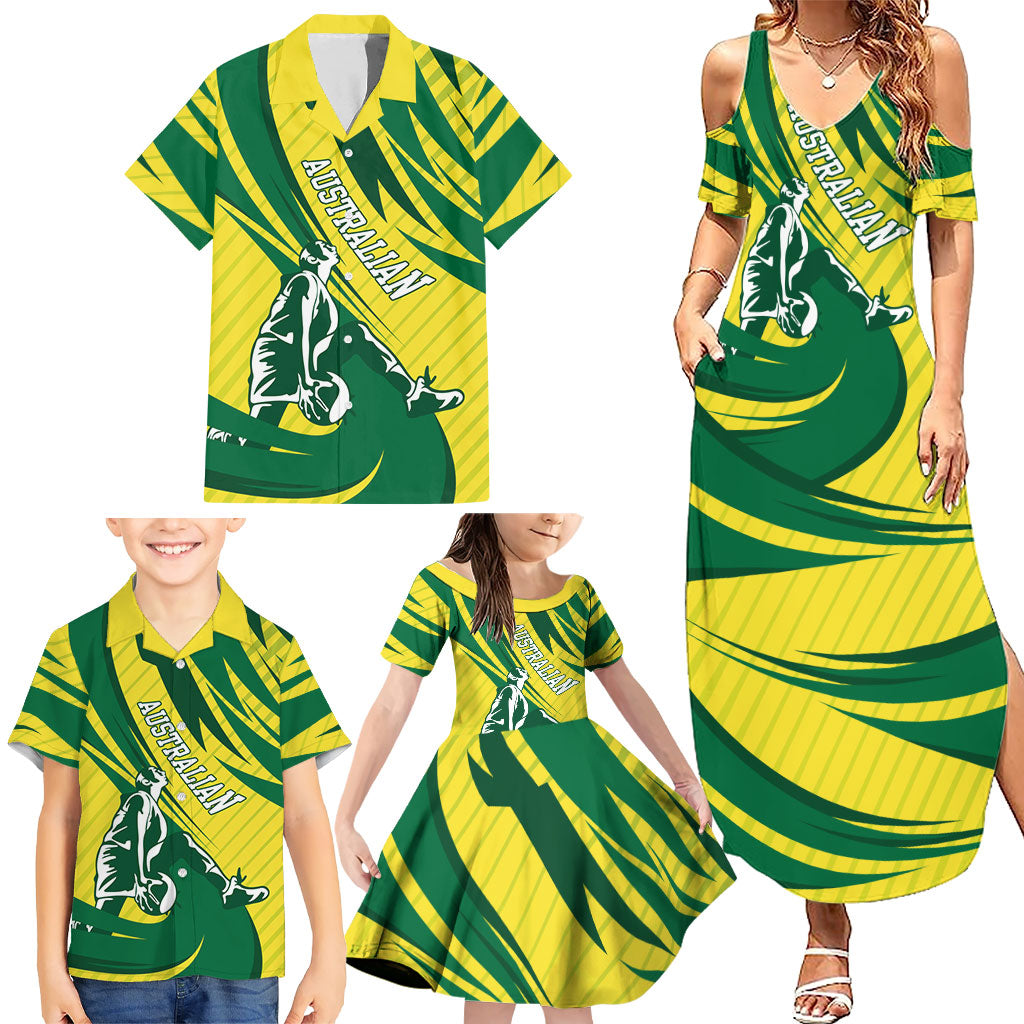 Australian Opals Basketball Family Matching Summer Maxi Dress and Hawaiian Shirt Green and Gold Tribal Pattern Athletic Abstract Art