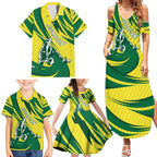 Australian Opals Basketball Family Matching Summer Maxi Dress and Hawaiian Shirt Green and Gold Tribal Pattern Athletic Abstract Art