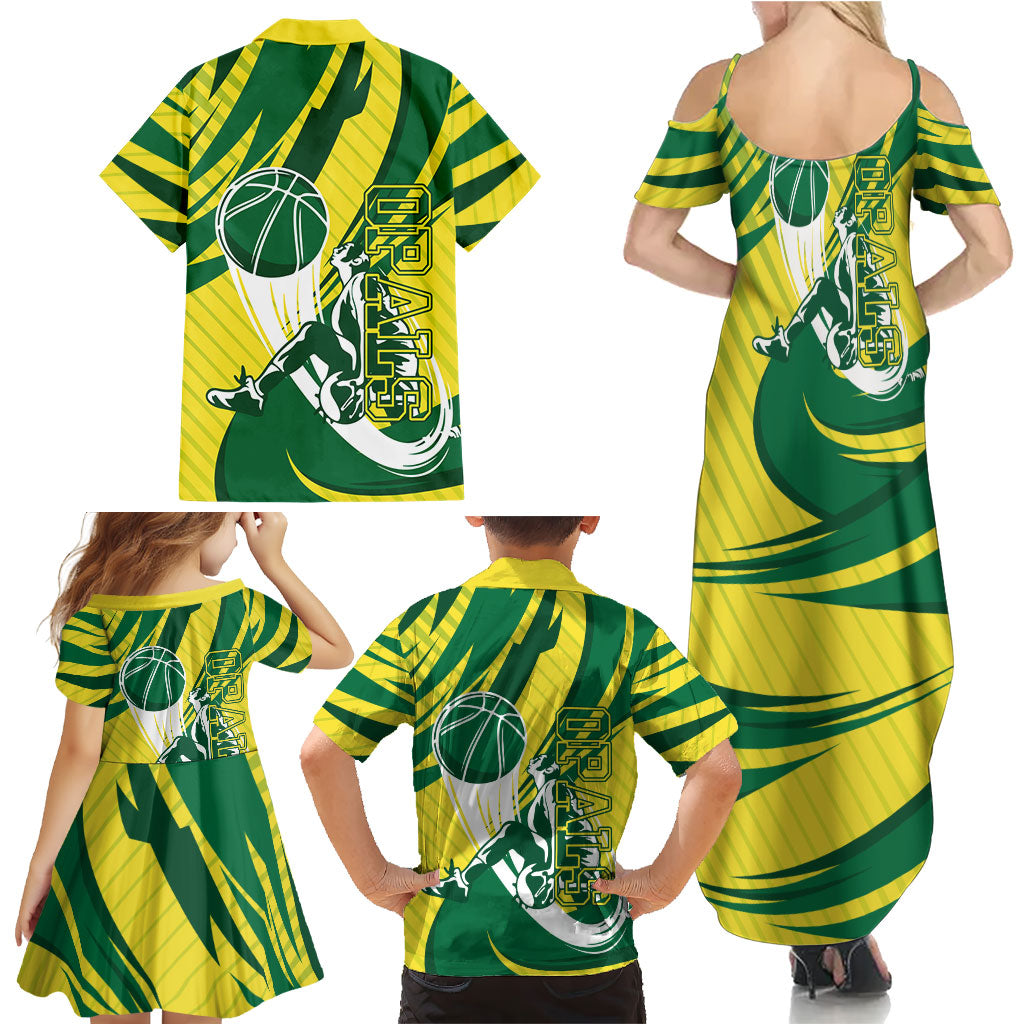 Australian Opals Basketball Family Matching Summer Maxi Dress and Hawaiian Shirt Green and Gold Tribal Pattern Athletic Abstract Art