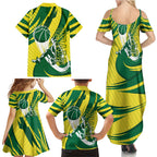 Australian Opals Basketball Family Matching Summer Maxi Dress and Hawaiian Shirt Green and Gold Tribal Pattern Athletic Abstract Art