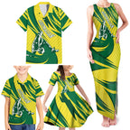 Australian Opals Basketball Family Matching Tank Maxi Dress and Hawaiian Shirt Green and Gold Tribal Pattern Athletic Abstract Art