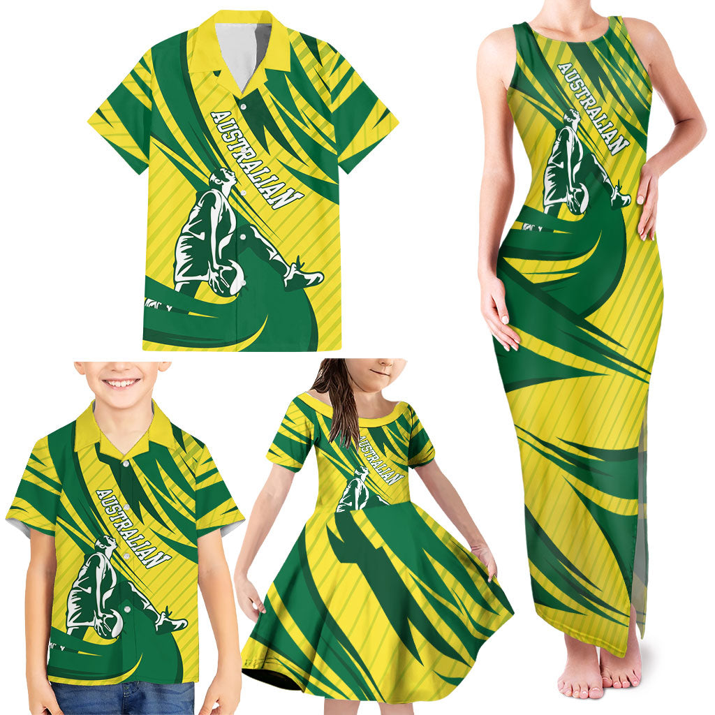 Australian Opals Basketball Family Matching Tank Maxi Dress and Hawaiian Shirt Green and Gold Tribal Pattern Athletic Abstract Art