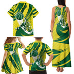 Australian Opals Basketball Family Matching Tank Maxi Dress and Hawaiian Shirt Green and Gold Tribal Pattern Athletic Abstract Art