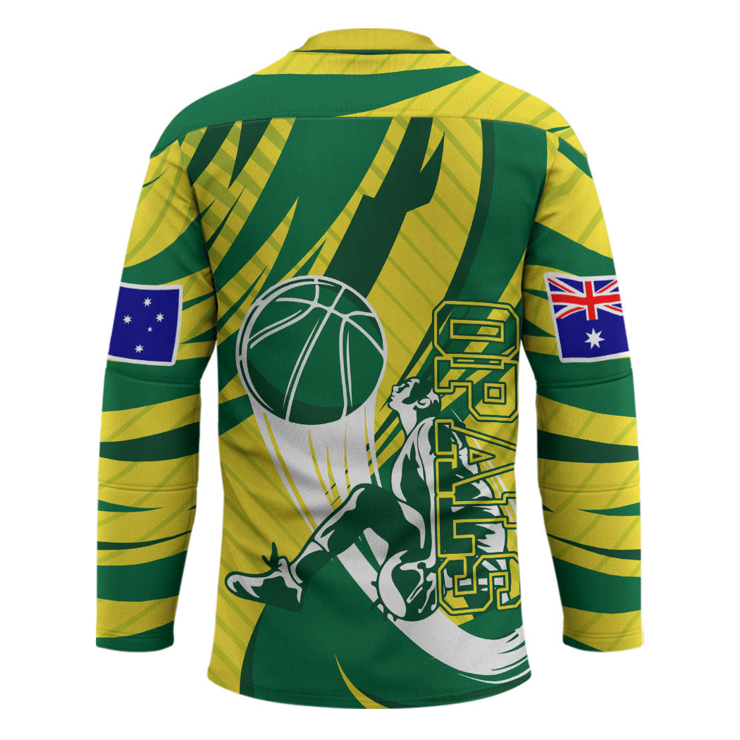 Australian Opals Basketball Hockey Jersey Green and Gold Tribal Pattern Athletic Abstract Art