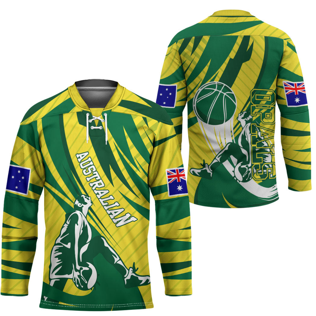 Australian Opals Basketball Hockey Jersey Green and Gold Tribal Pattern Athletic Abstract Art