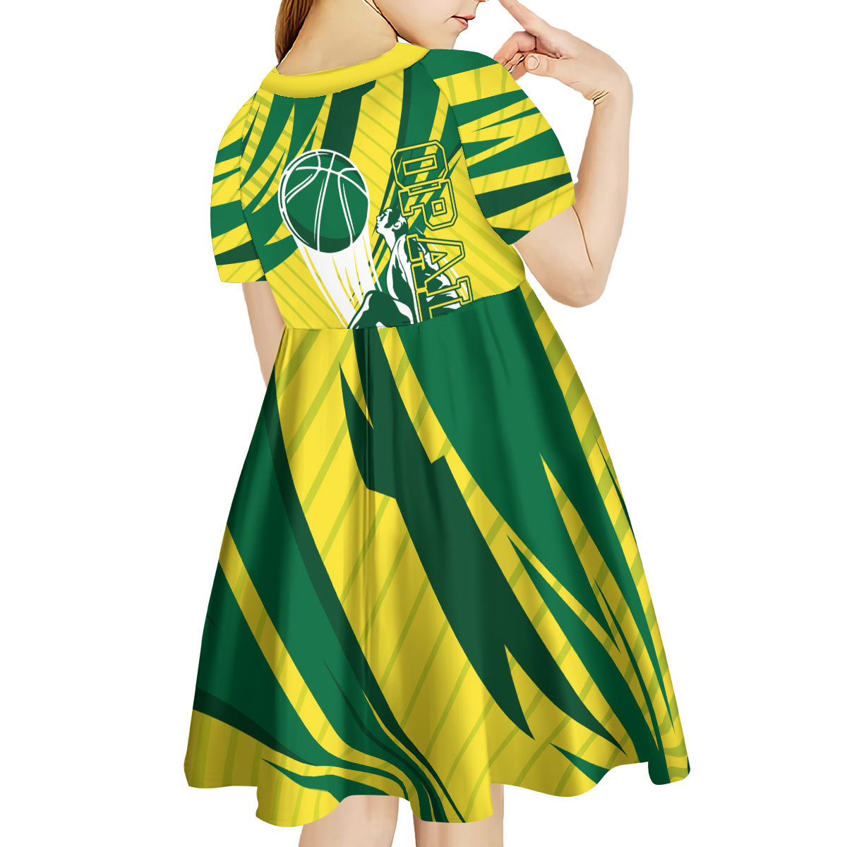 Australian Opals Basketball Kid Short Sleeve Dress Green and Gold Tribal Pattern Athletic Abstract Art