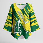 Australian Opals Basketball Kimono Sleeve Blouse Green and Gold Tribal Pattern Athletic Abstract Art