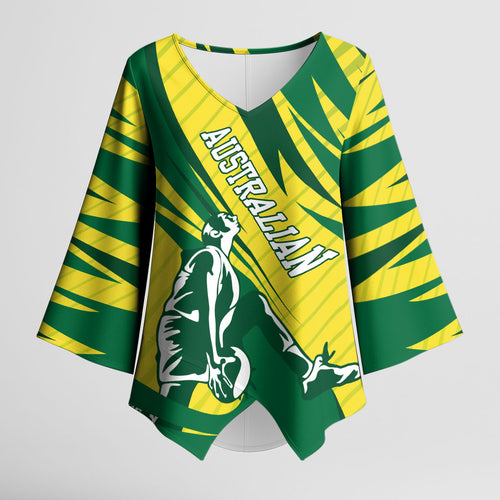 Australian Opals Basketball Kimono Sleeve Blouse Green and Gold Tribal Pattern Athletic Abstract Art
