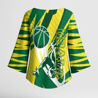 Australian Opals Basketball Kimono Sleeve Blouse Green and Gold Tribal Pattern Athletic Abstract Art