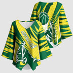 Australian Opals Basketball Kimono Sleeve Blouse Green and Gold Tribal Pattern Athletic Abstract Art